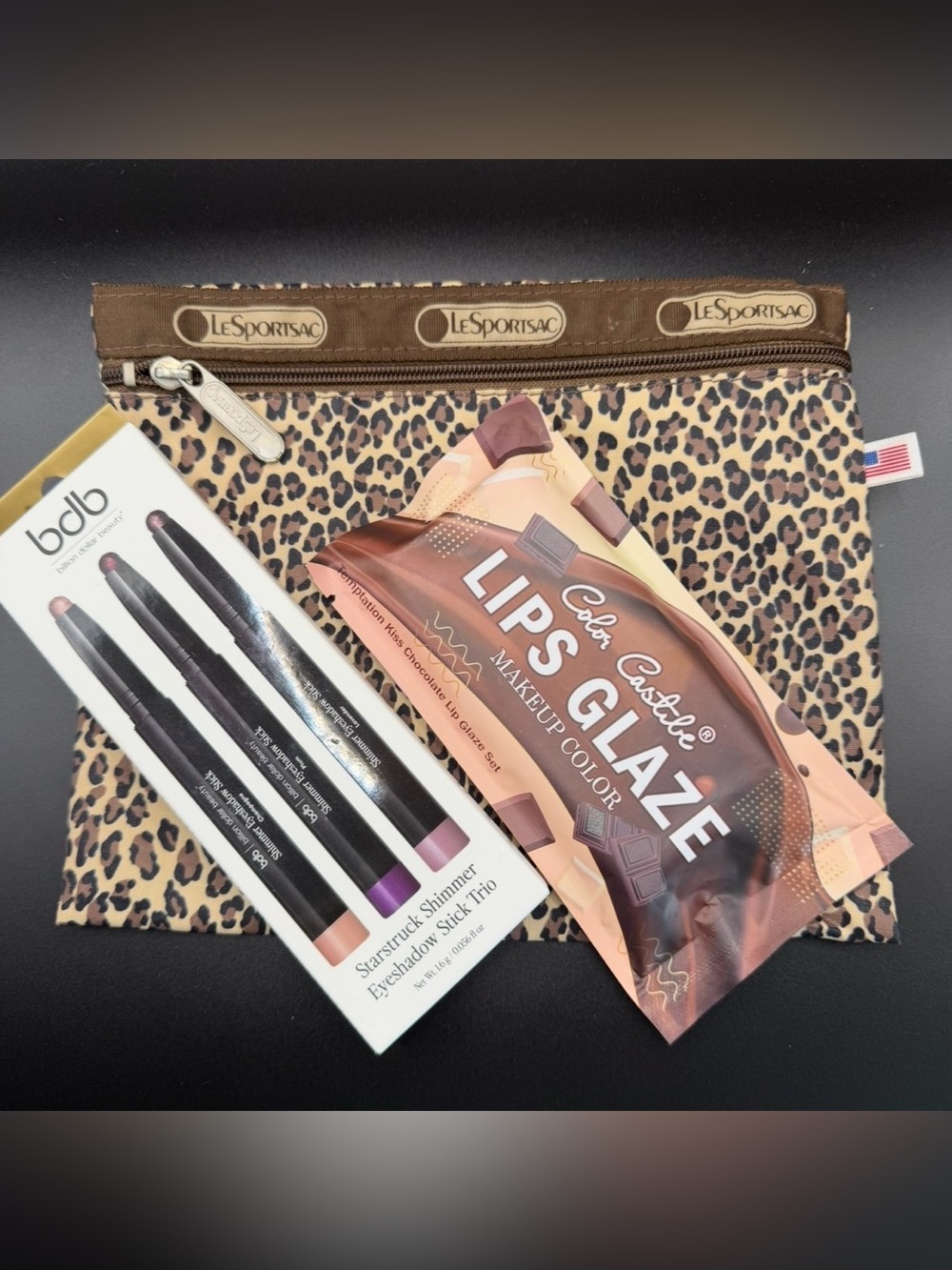 LeSportsac Leopard Cosmetic Pouch + Lip Glaze Set + Eyeshadow Trio Bundle NWT